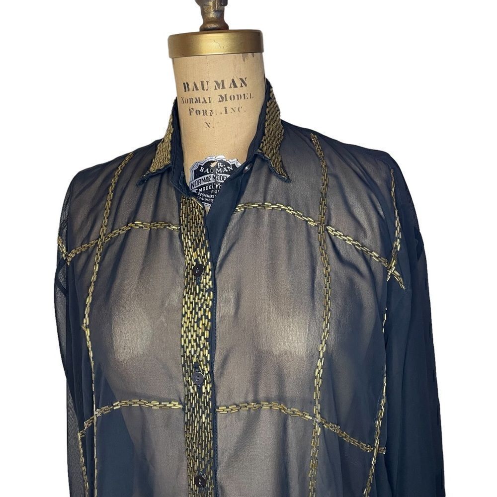 Black sheer oversize blouse with gold bead checked design size 2X